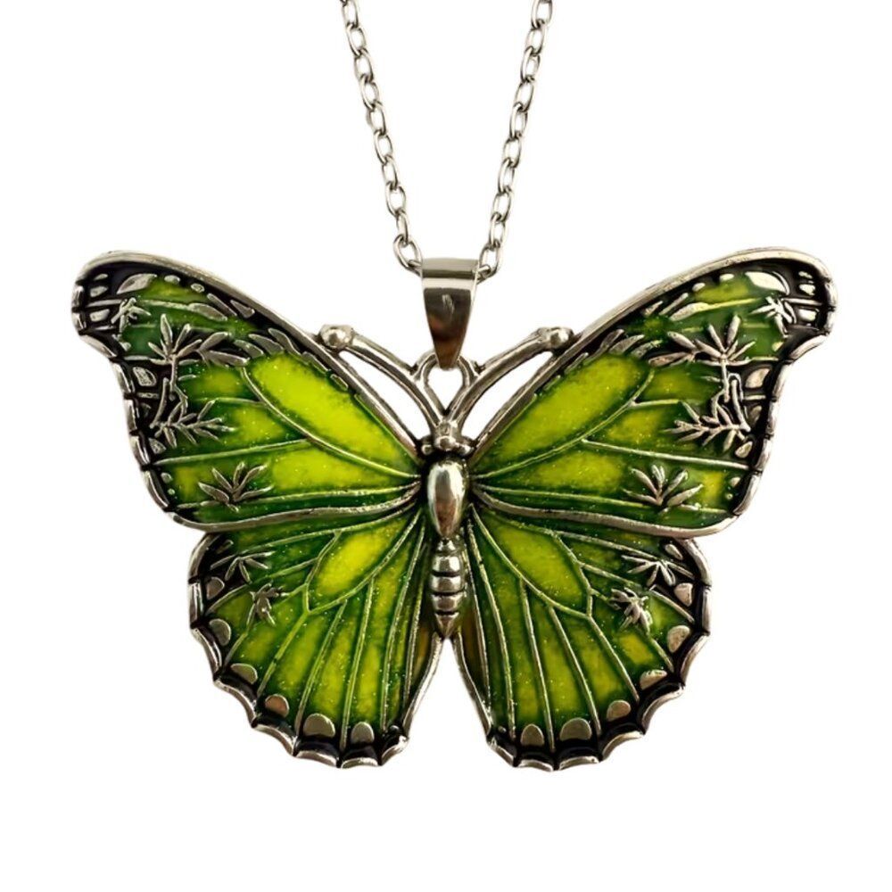 Mint Glow Butterfly Necklace Light Green Enamel Sparkling Oil Drop Silver Finish